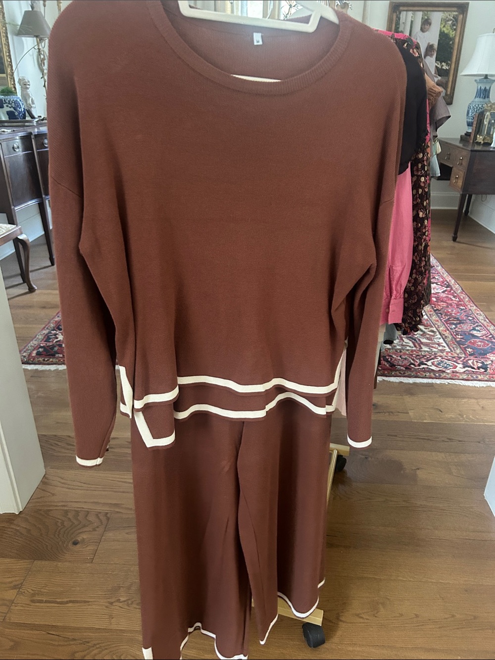 Womens Brown Two-Piece lounge Set with Cream Trim